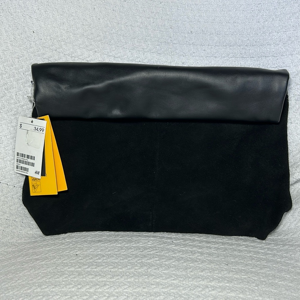 NWT H&M Black Velvet & Faux Leather Clutch Bag Purse